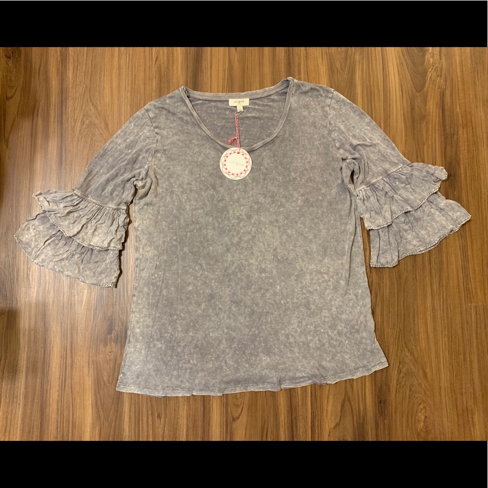 NWT...UMGEE gray shirt with ruffle bell sleeves